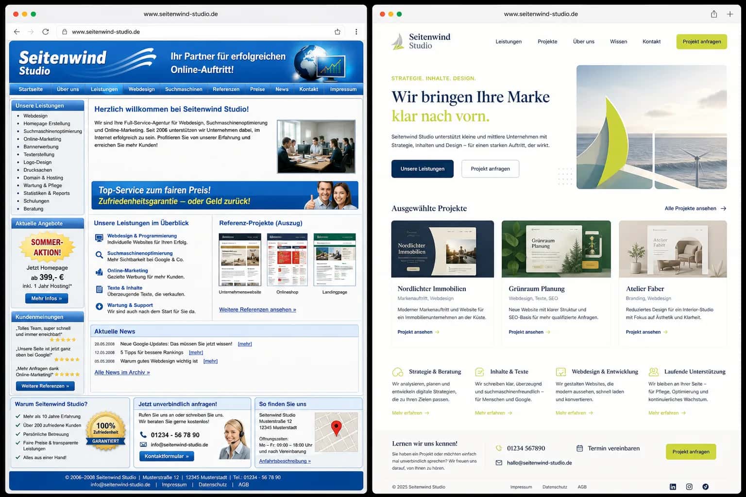 Fiktive komplette Vorher-Nachher-Konzeptansicht für Agentur Seitenwind