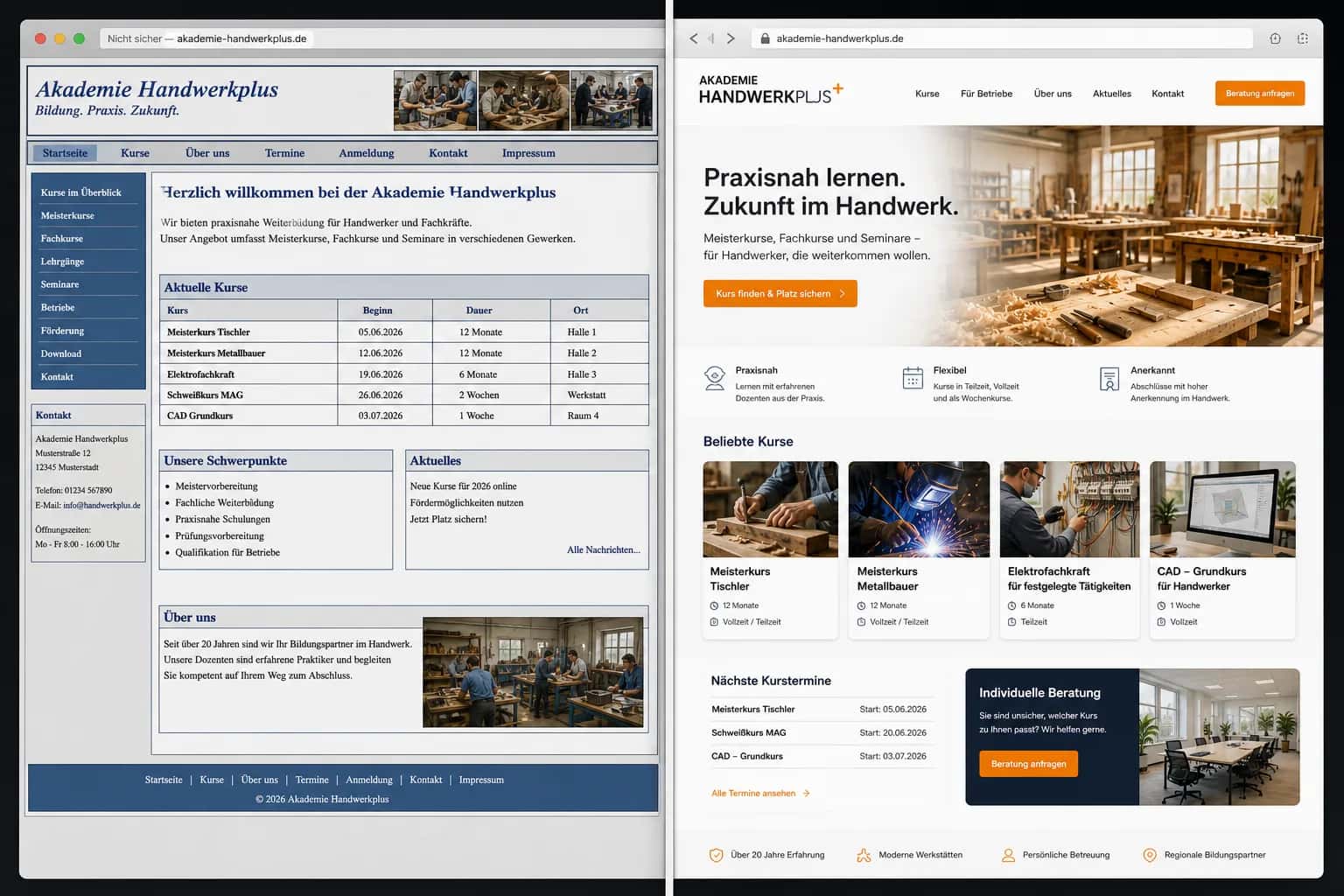 Fiktive komplette Vorher-Nachher-Konzeptansicht für Akademie Handwerkplus