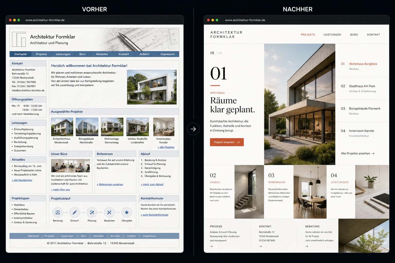 Fiktive komplette Vorher-Nachher-Konzeptansicht für Architektur Formklar