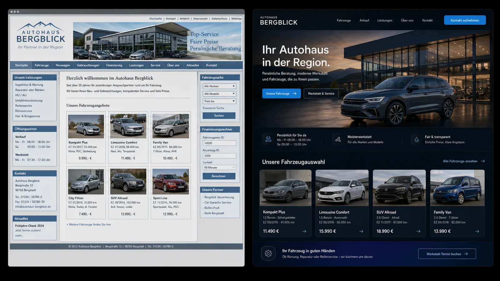 Fiktive komplette Vorher-Nachher-Konzeptansicht für Autohaus Bergblick