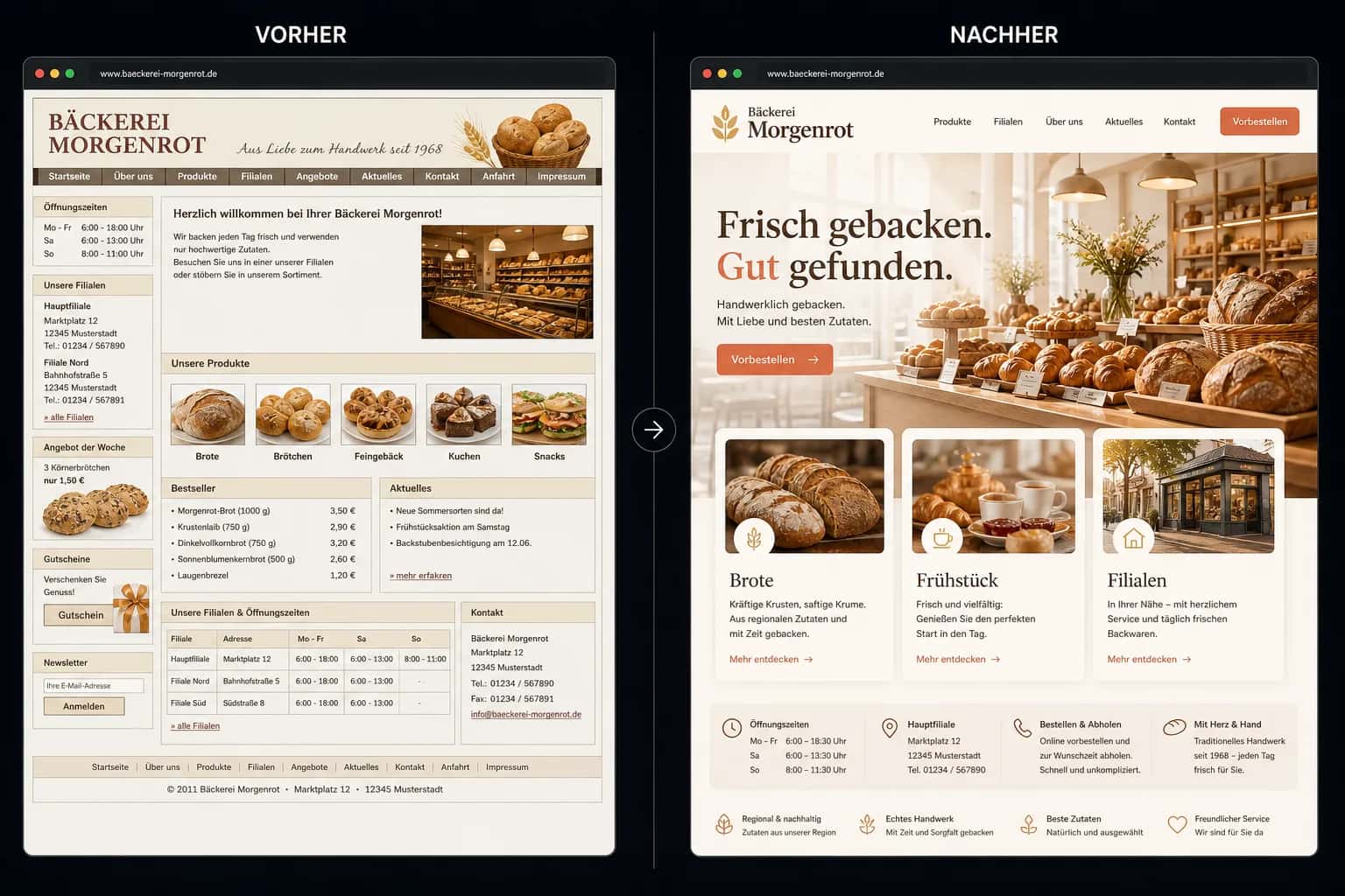 Fiktive komplette Vorher-Nachher-Konzeptansicht für Bäckerei Morgenrot