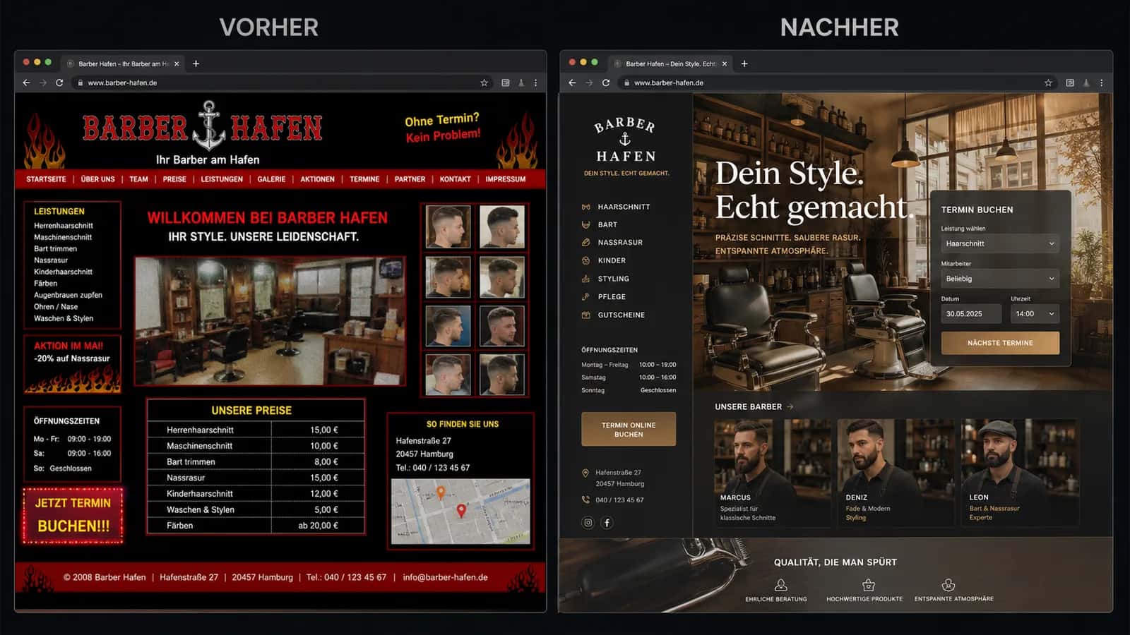 Fiktive komplette Vorher-Nachher-Konzeptansicht für Barber Hafen