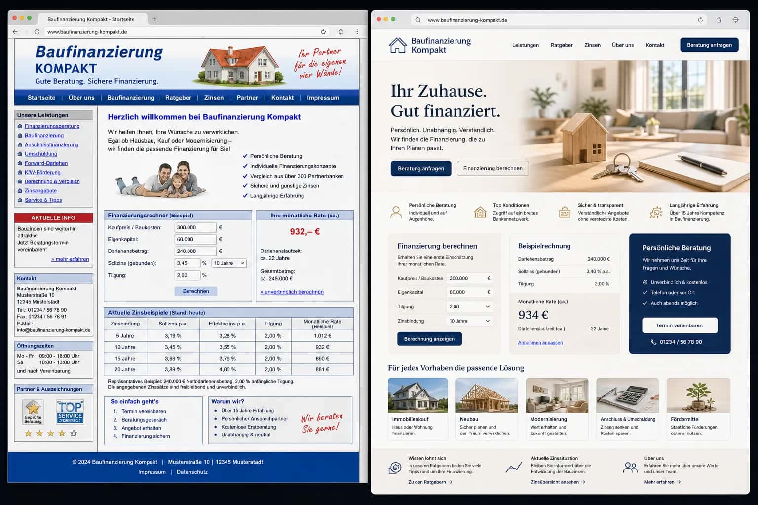 Fiktive komplette Vorher-Nachher-Konzeptansicht für Baufinanzierung Kompakt