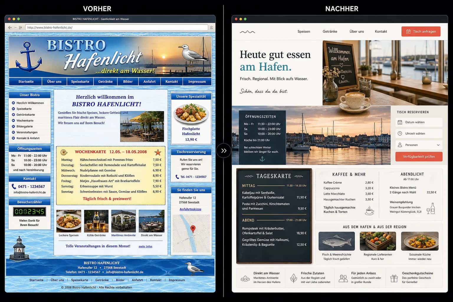 Fiktive komplette Vorher-Nachher-Konzeptansicht für Bistro Hafenlicht