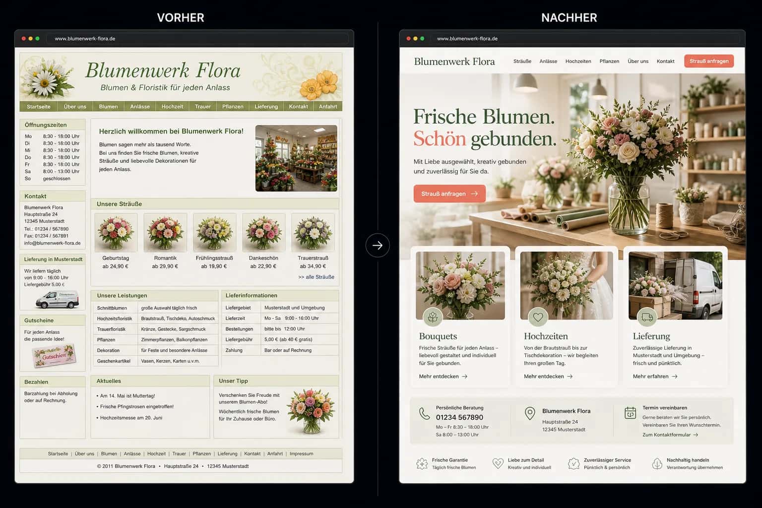 Fiktive komplette Vorher-Nachher-Konzeptansicht für Blumenwerk Flora