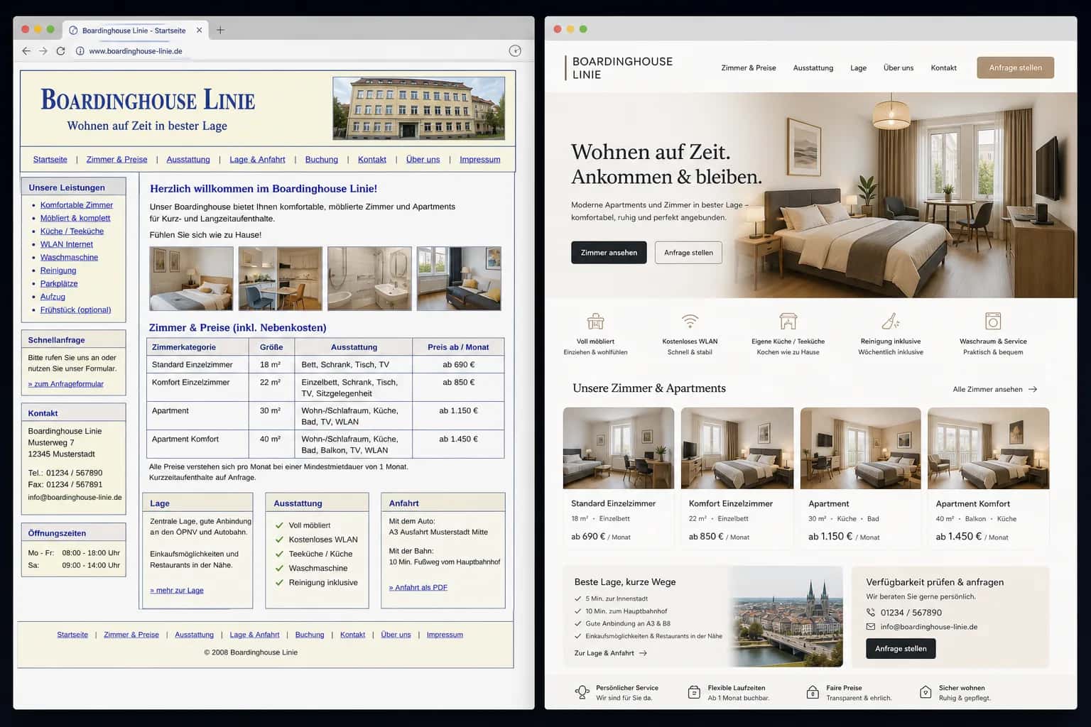 Fiktive komplette Vorher-Nachher-Konzeptansicht für Boardinghouse Linie