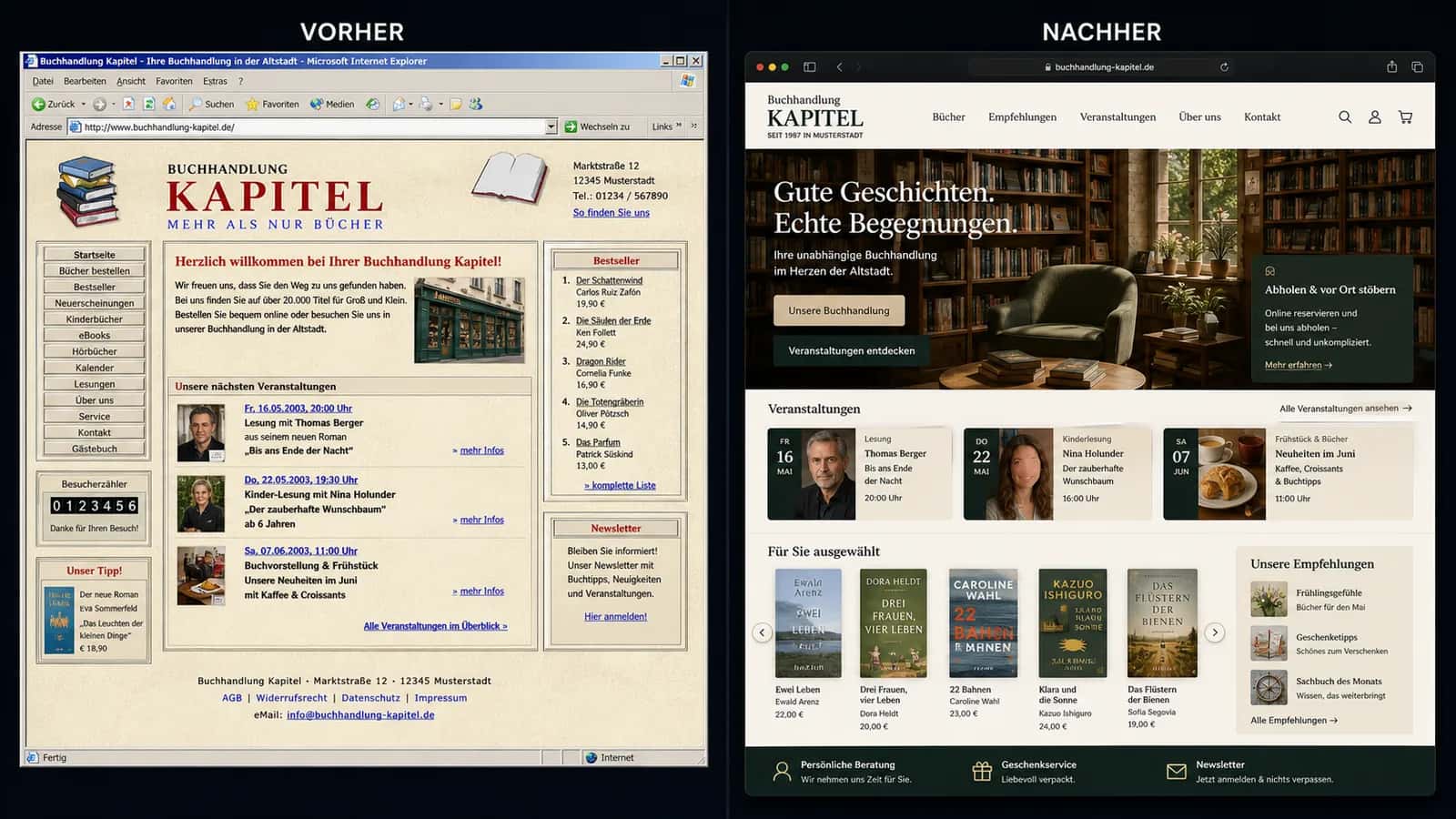 Fiktive komplette Vorher-Nachher-Konzeptansicht für Buchhandlung Kapitel