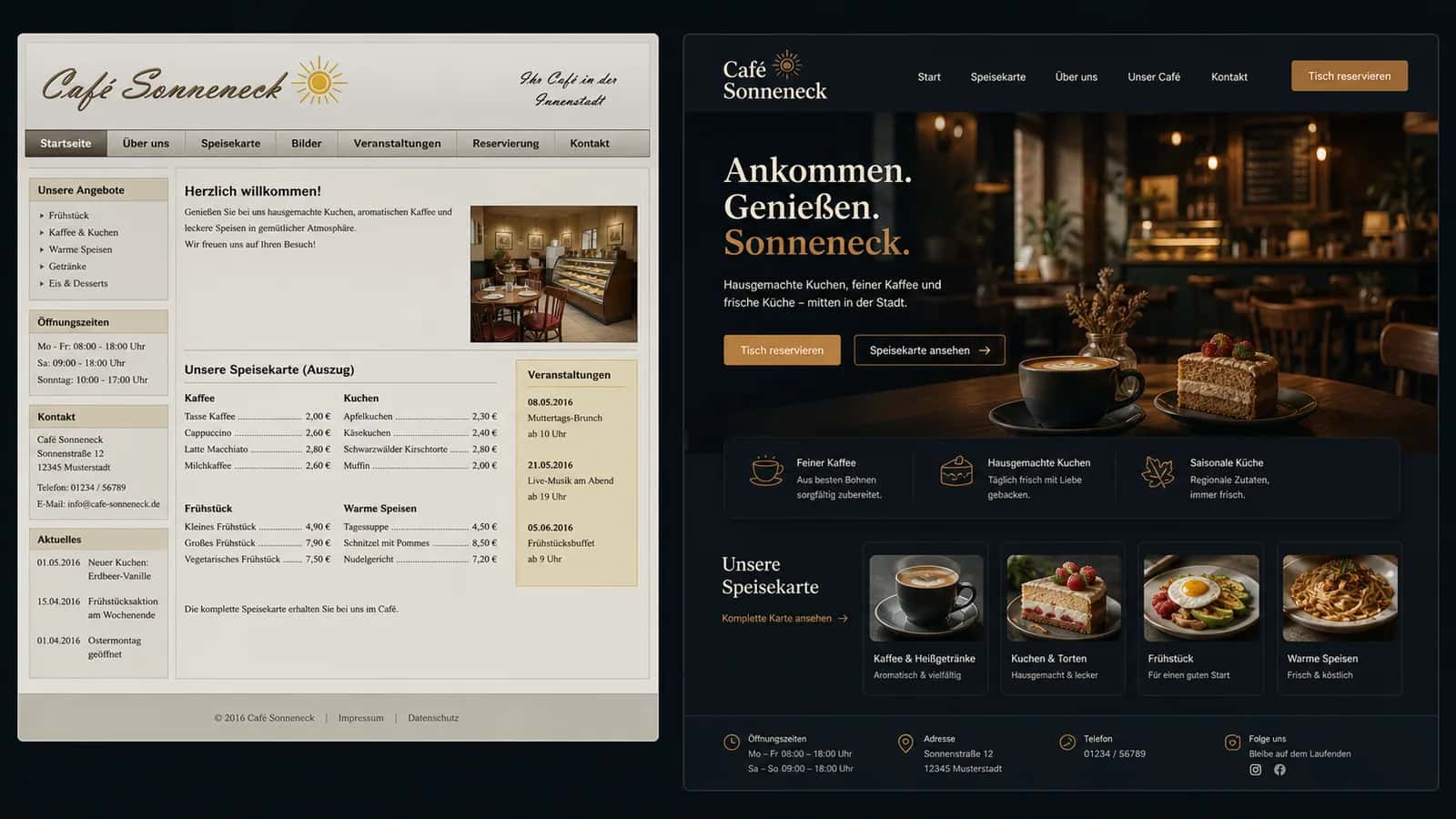 Fiktive komplette Vorher-Nachher-Konzeptansicht für Café Sonneneck