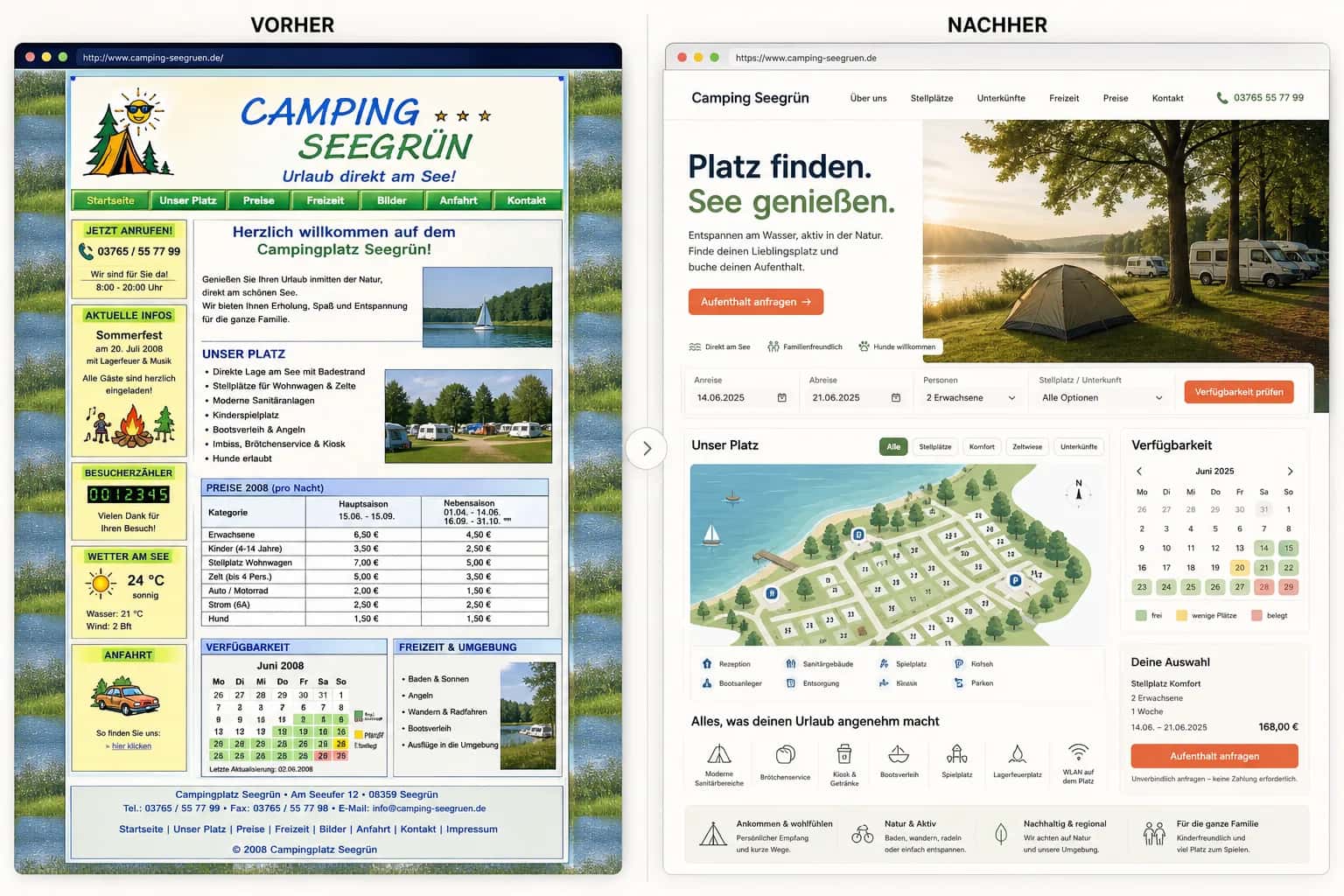Fiktive komplette Vorher-Nachher-Konzeptansicht für Camping Seegrün