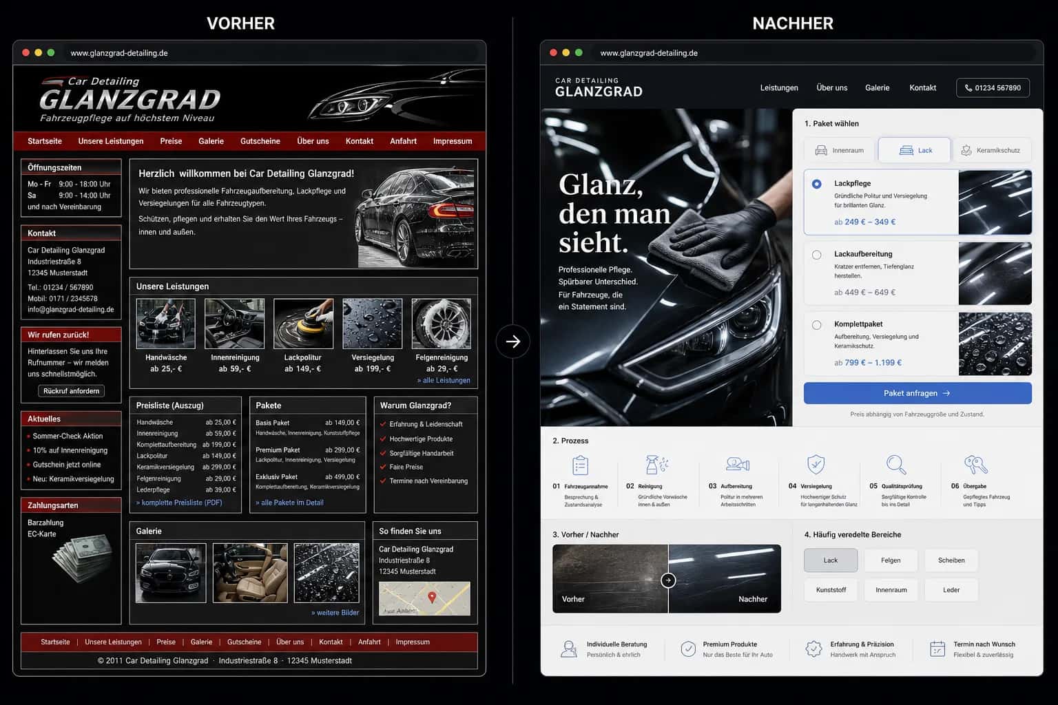Fiktive komplette Vorher-Nachher-Konzeptansicht für Car Detailing Glanzgrad