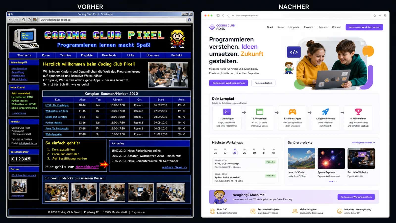 Fiktive komplette Vorher-Nachher-Konzeptansicht für Coding Club Pixel