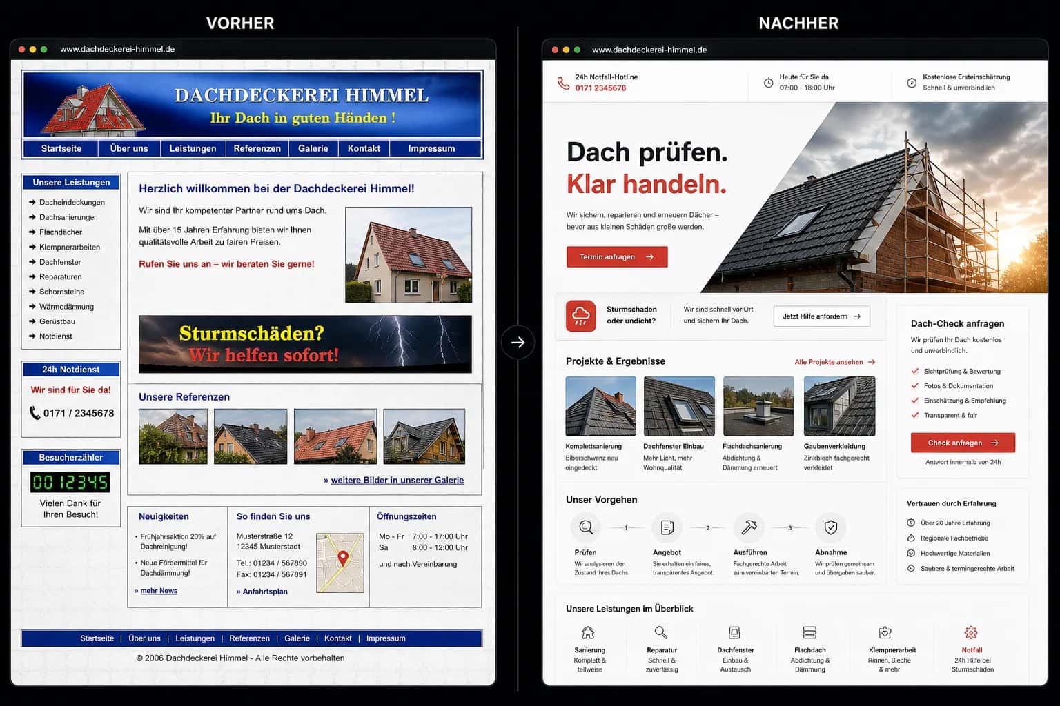 Fiktive komplette Vorher-Nachher-Konzeptansicht für Dachdeckerei Himmel