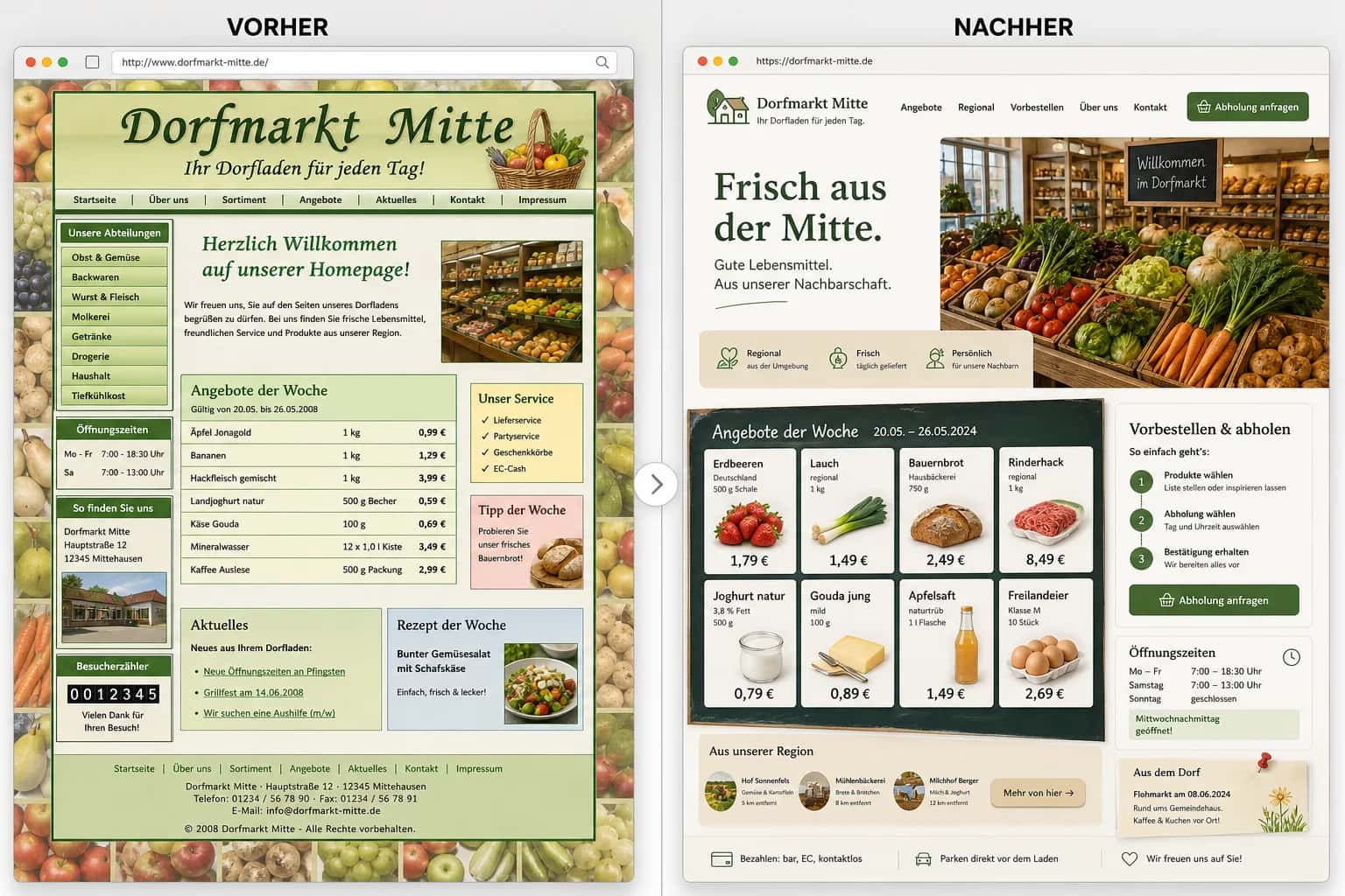 Fiktive komplette Vorher-Nachher-Konzeptansicht für Dorfmarkt Mitte