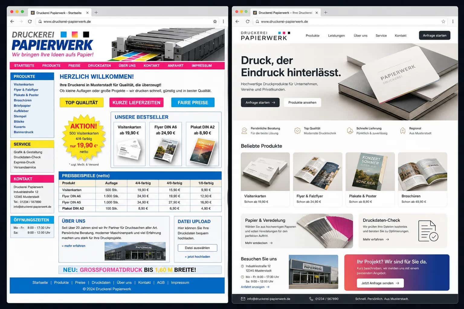 Fiktive komplette Vorher-Nachher-Konzeptansicht für Druckerei Papierwerk