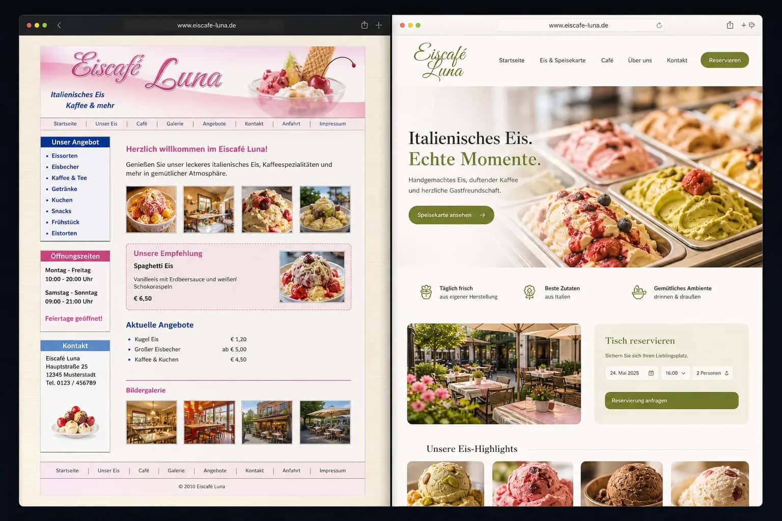 Fiktive komplette Vorher-Nachher-Konzeptansicht für Eiscafé Luna