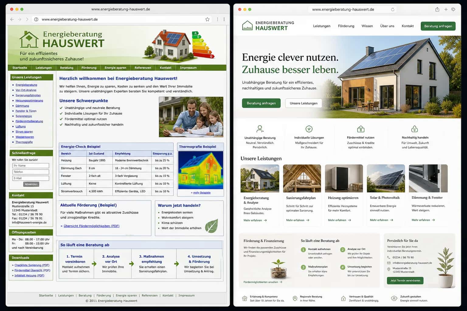 Fiktive komplette Vorher-Nachher-Konzeptansicht für Energieberatung Hauswert