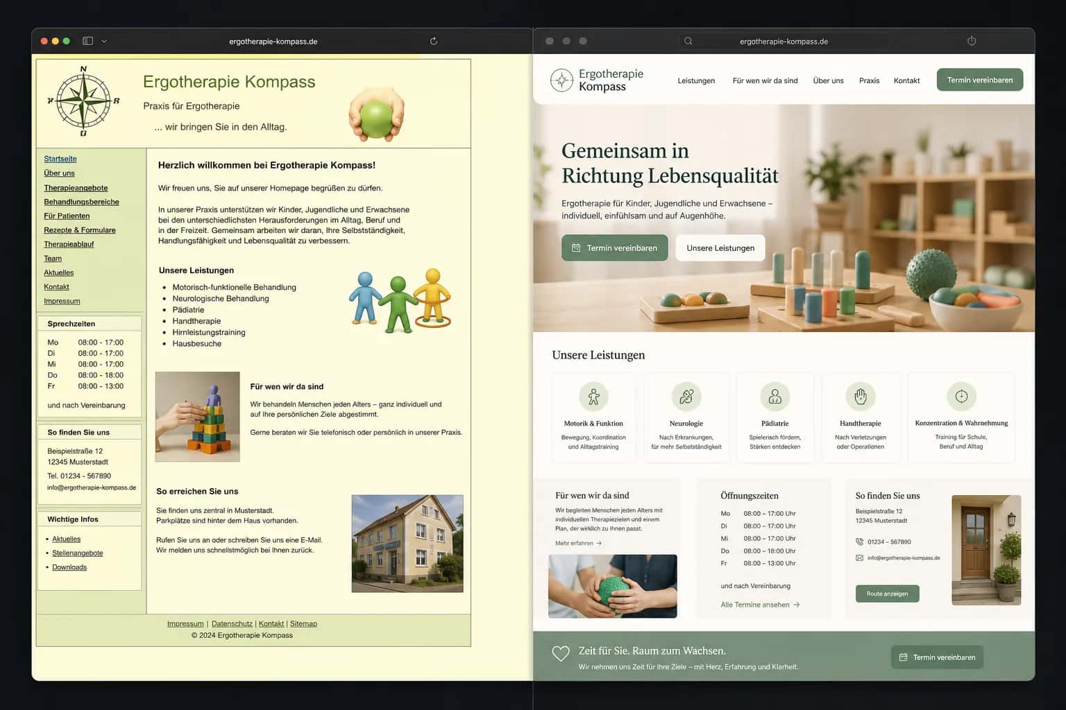 Fiktive komplette Vorher-Nachher-Konzeptansicht für Ergotherapie Kompass