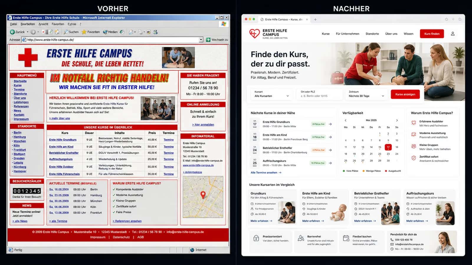 Fiktive komplette Vorher-Nachher-Konzeptansicht für Erste Hilfe Campus