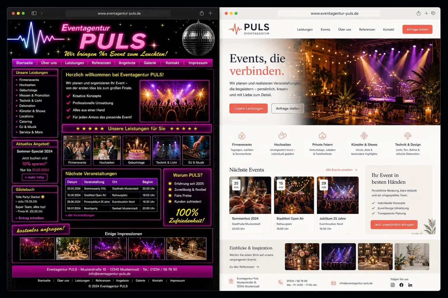 Fiktive komplette Vorher-Nachher-Konzeptansicht für Eventagentur Puls