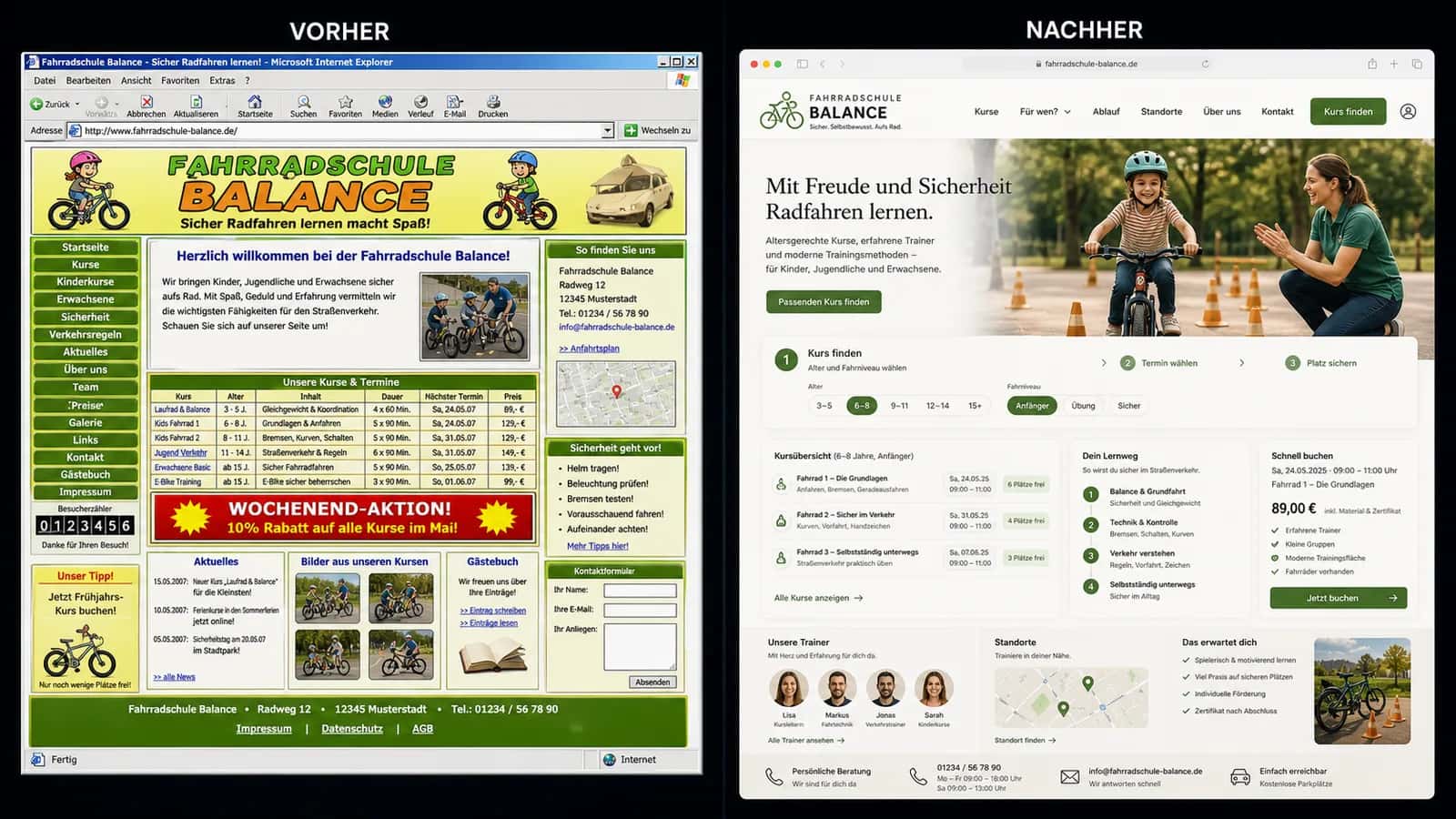 Fiktive komplette Vorher-Nachher-Konzeptansicht für Fahrradschule Balance
