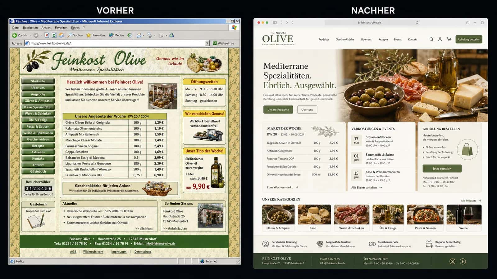 Fiktive komplette Vorher-Nachher-Konzeptansicht für Feinkost Olive