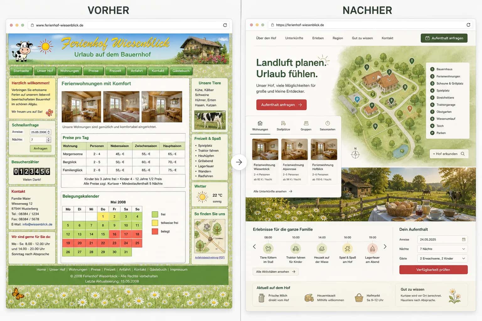 Fiktive komplette Vorher-Nachher-Konzeptansicht für Ferienhof Wiesenblick