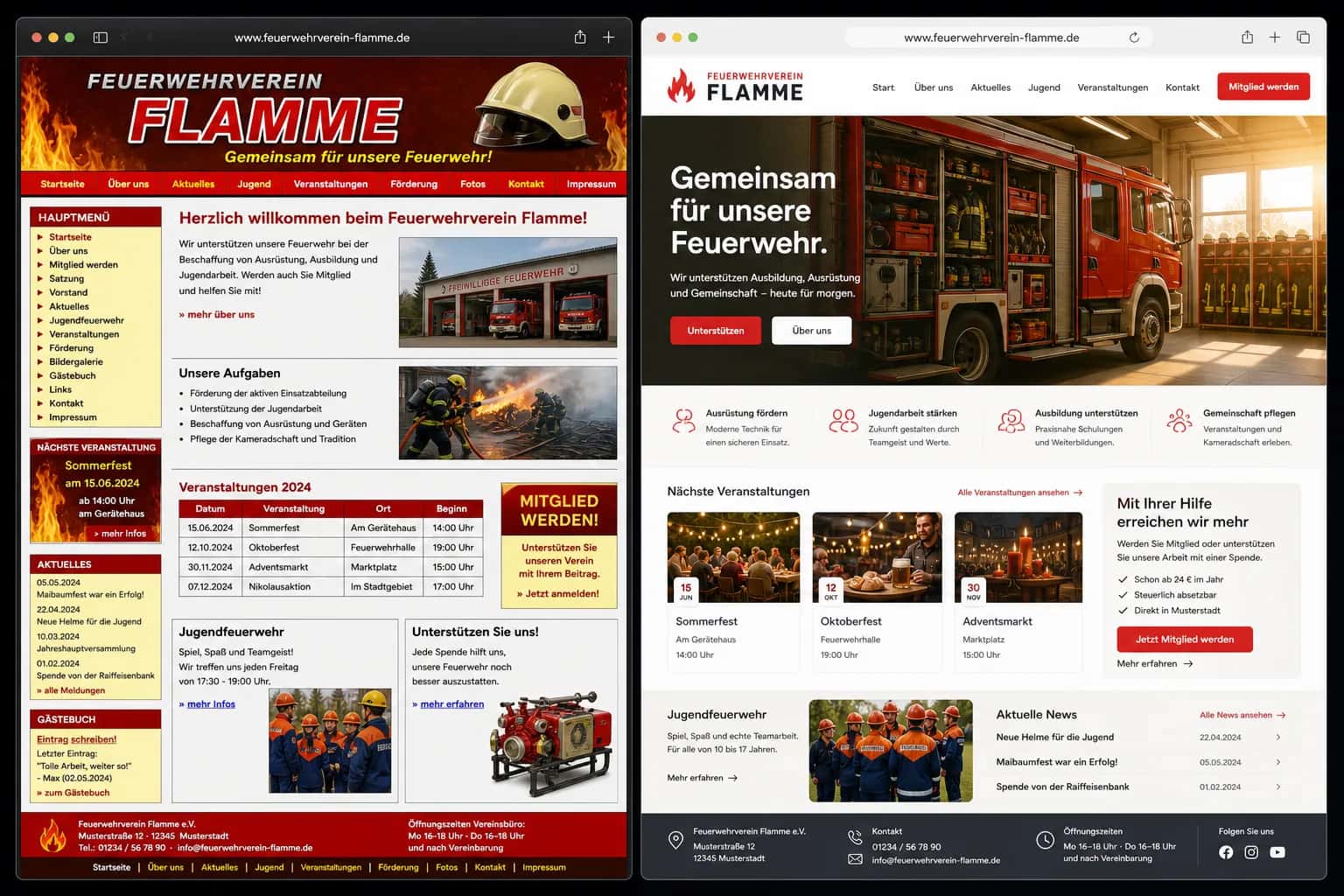Fiktive komplette Vorher-Nachher-Konzeptansicht für Feuerwehrverein Flamme