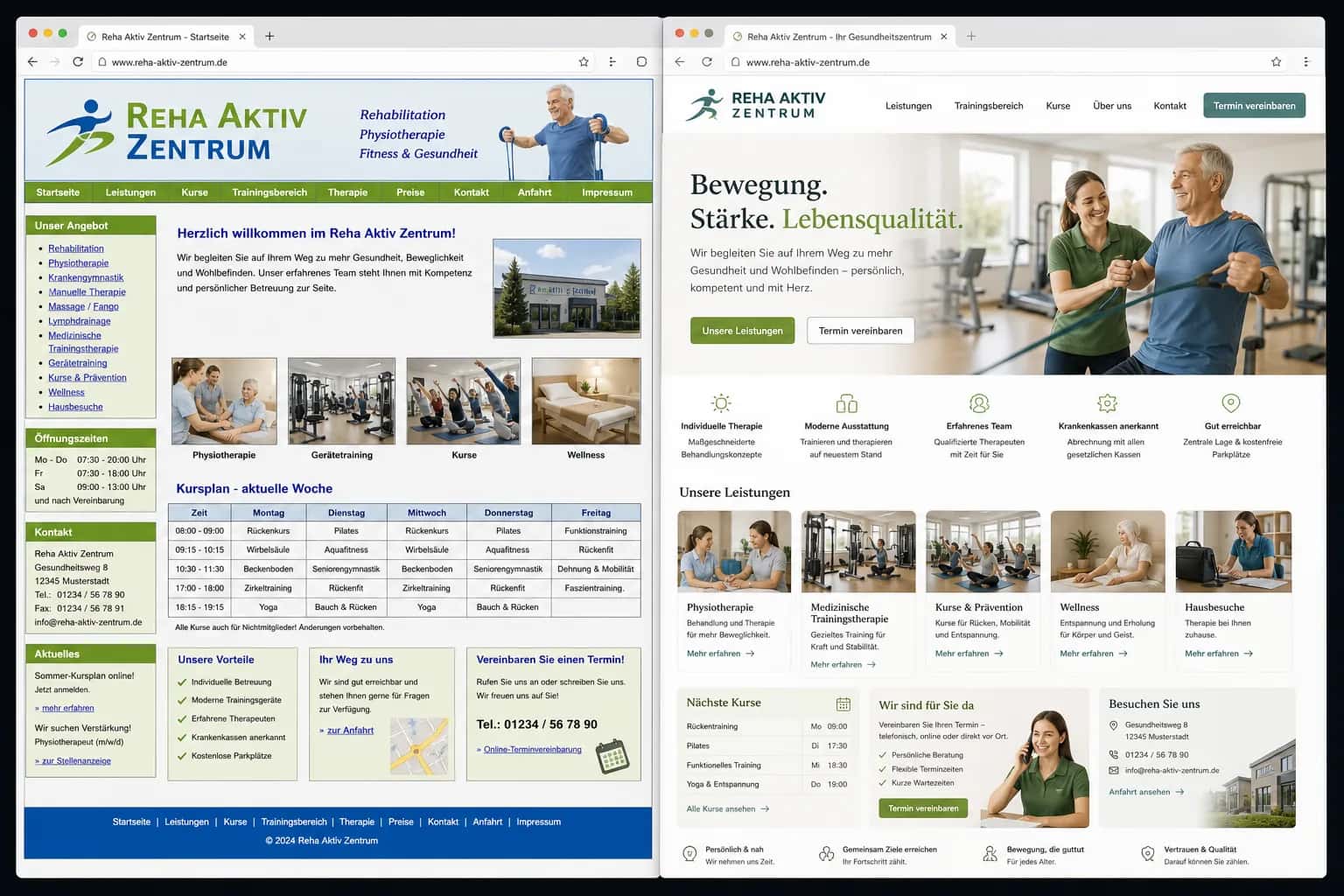 Fiktive komplette Vorher-Nachher-Konzeptansicht für Reha Aktiv Zentrum