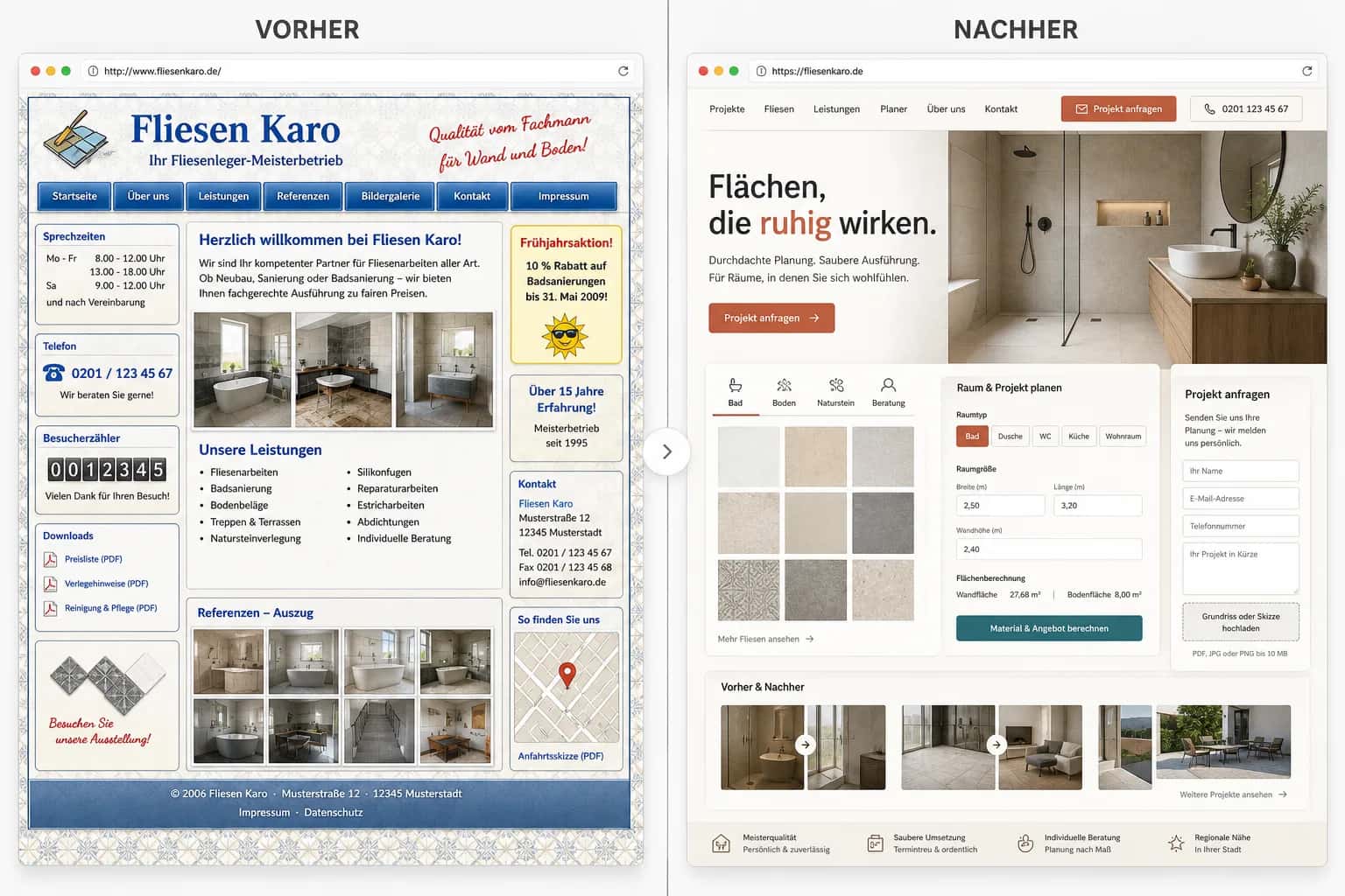 Fiktive komplette Vorher-Nachher-Konzeptansicht für Fliesen Karo
