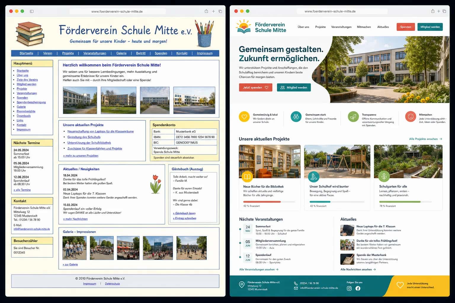Fiktive komplette Vorher-Nachher-Konzeptansicht für Förderverein Schule