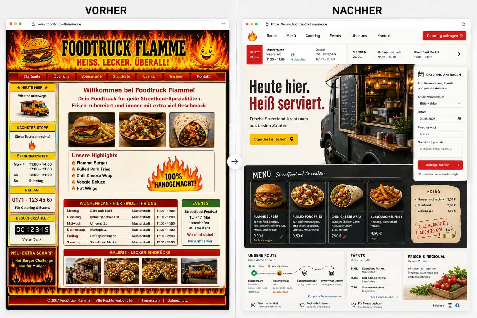 Fiktive komplette Vorher-Nachher-Konzeptansicht für Foodtruck Flamme
