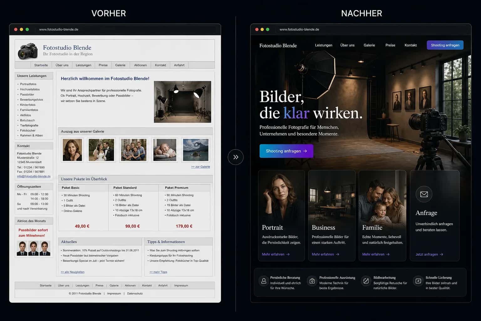 Fiktive komplette Vorher-Nachher-Konzeptansicht für Fotostudio Blende