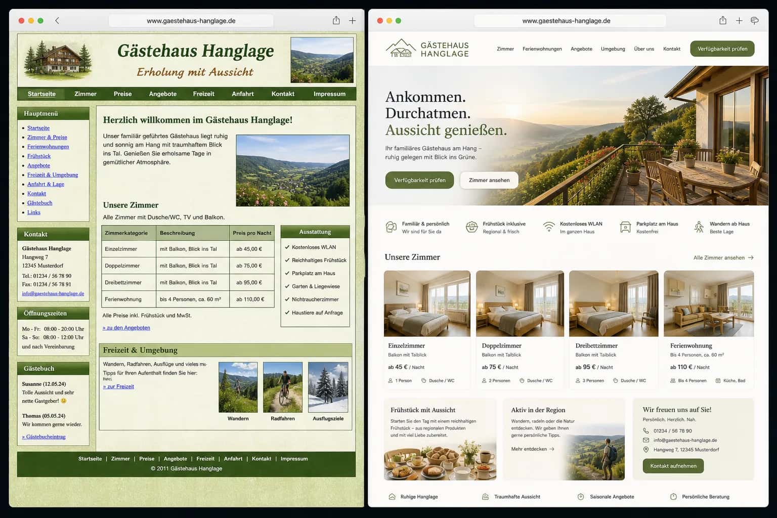 Fiktive komplette Vorher-Nachher-Konzeptansicht für Gästehaus Hanglage
