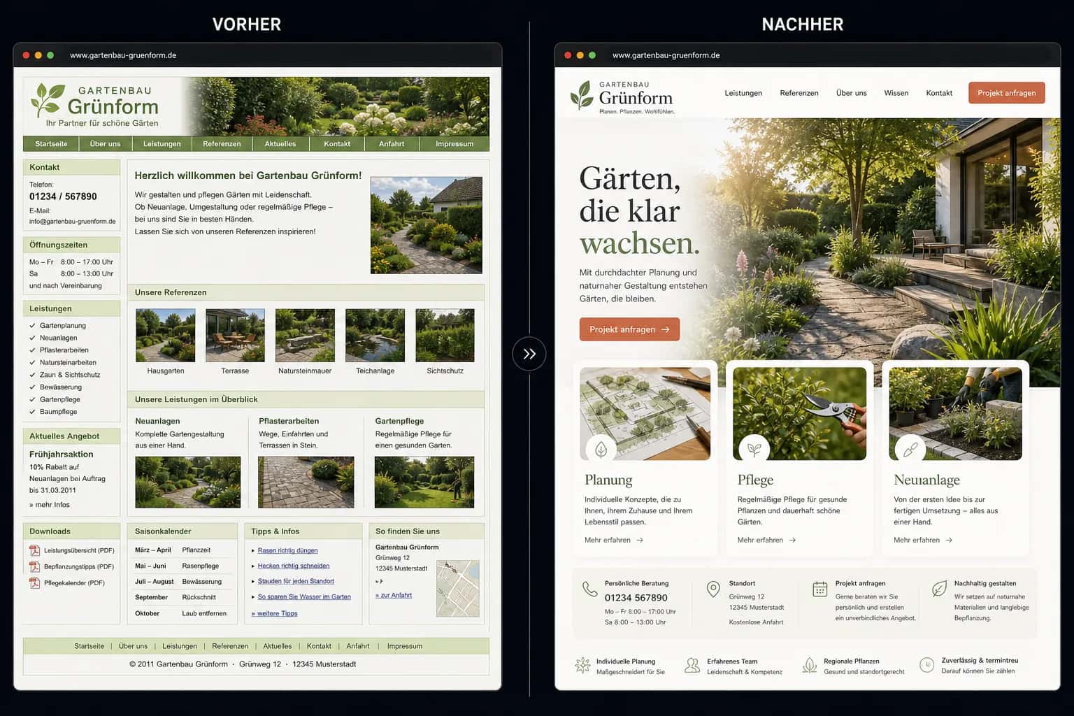 Fiktive komplette Vorher-Nachher-Konzeptansicht für Gartenbau Grünform
