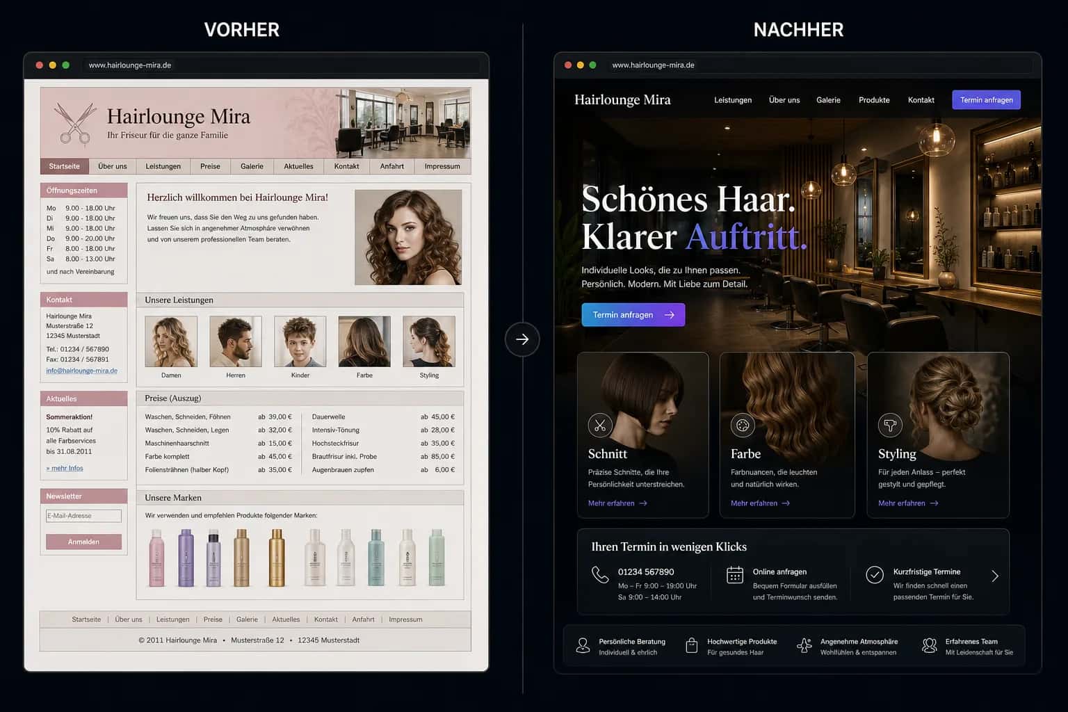 Fiktive komplette Vorher-Nachher-Konzeptansicht für Hairlounge Mira