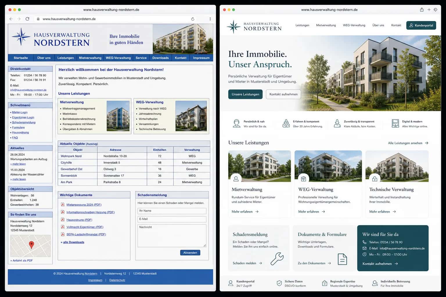 Fiktive komplette Vorher-Nachher-Konzeptansicht für Hausverwaltung Nordstern