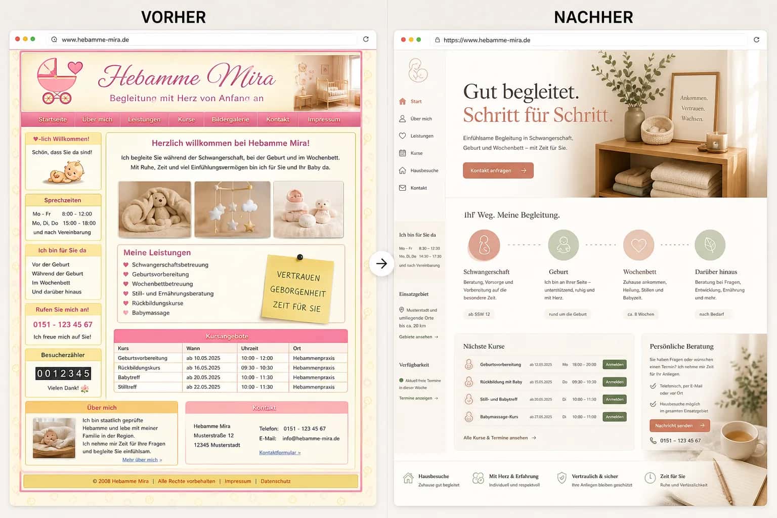 Fiktive komplette Vorher-Nachher-Konzeptansicht für Hebamme Mira