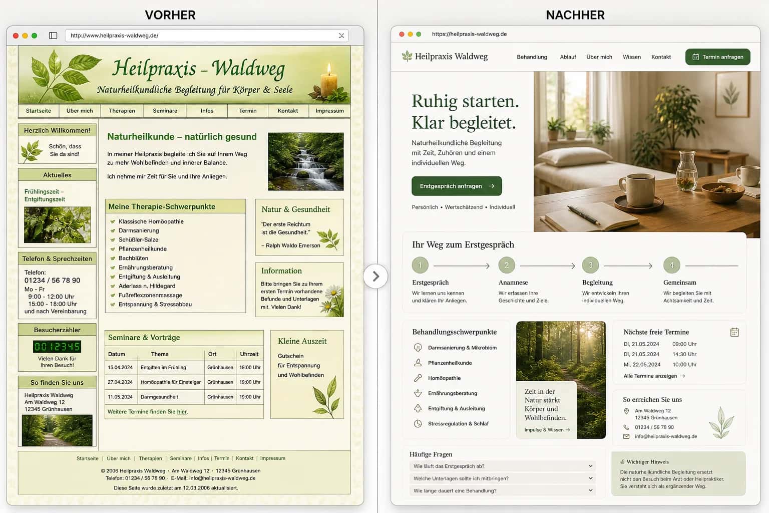 Fiktive komplette Vorher-Nachher-Konzeptansicht für Heilpraxis Waldweg