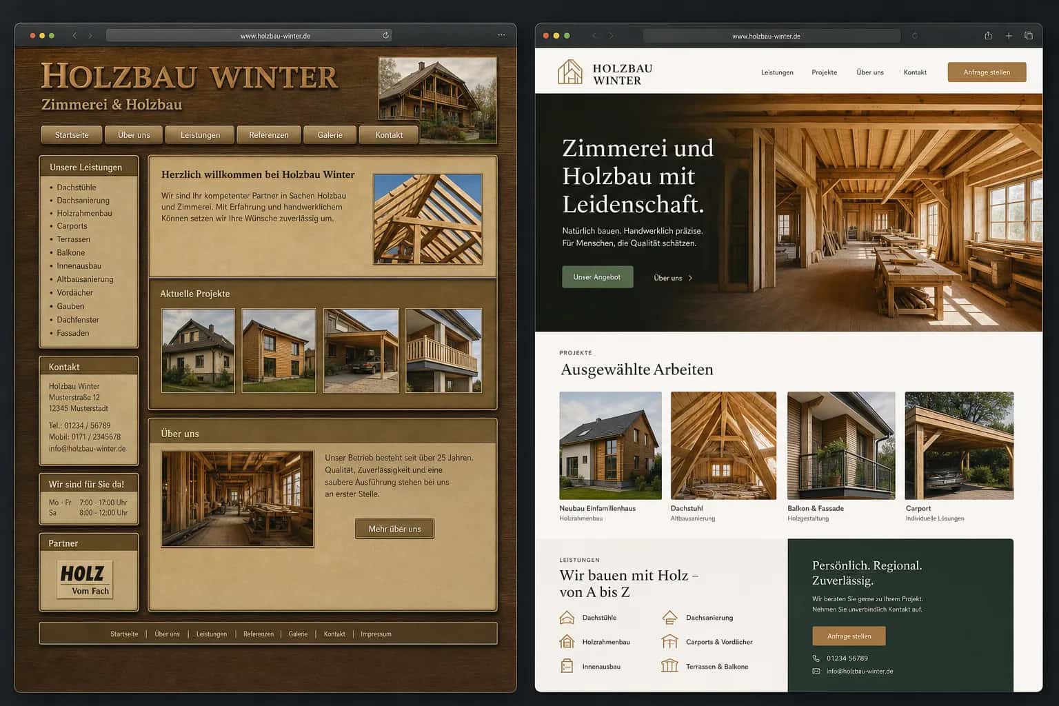 Fiktive komplette Vorher-Nachher-Konzeptansicht für Holzbau Winter
