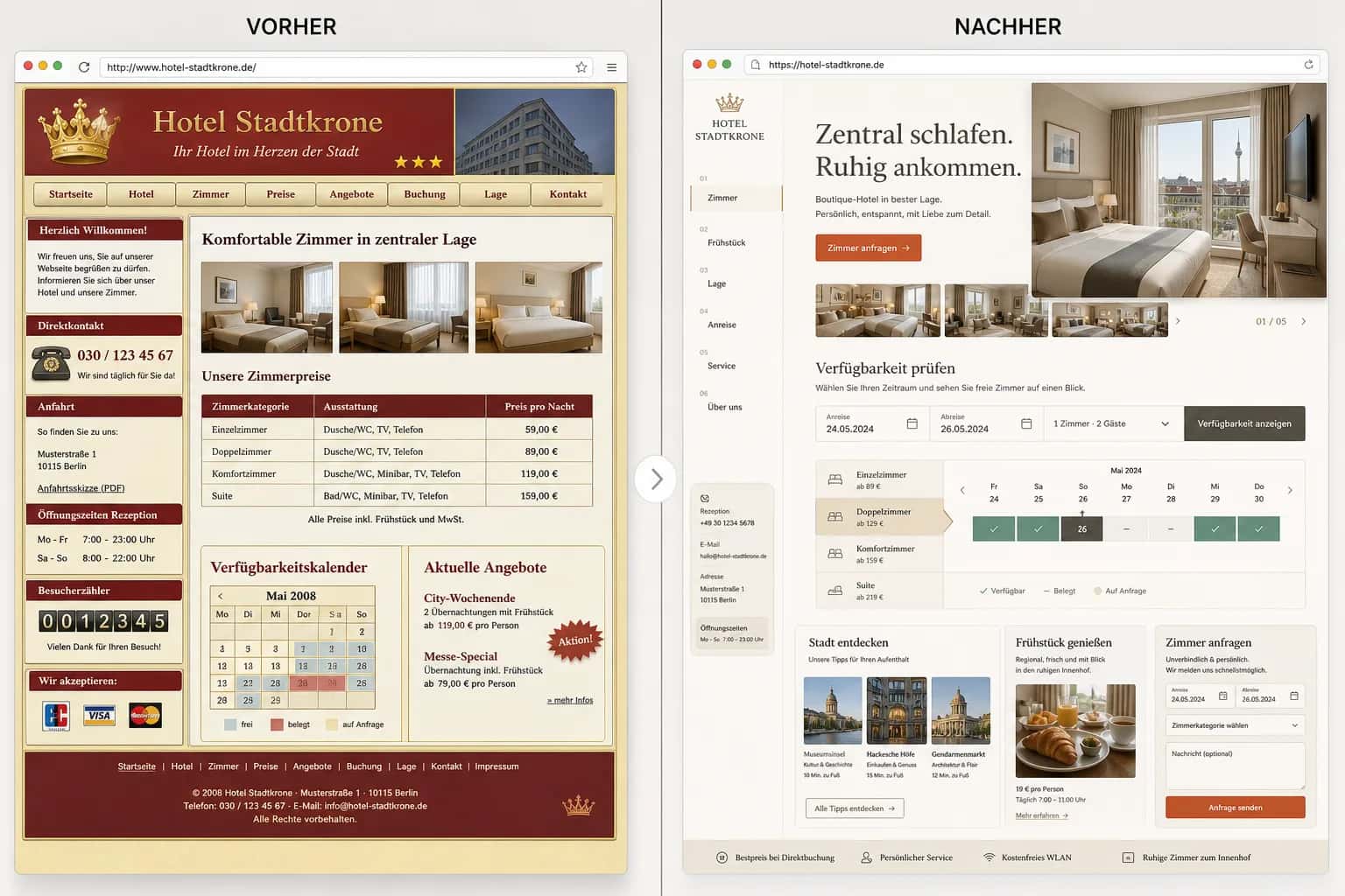 Fiktive komplette Vorher-Nachher-Konzeptansicht für Hotel Stadtkrone
