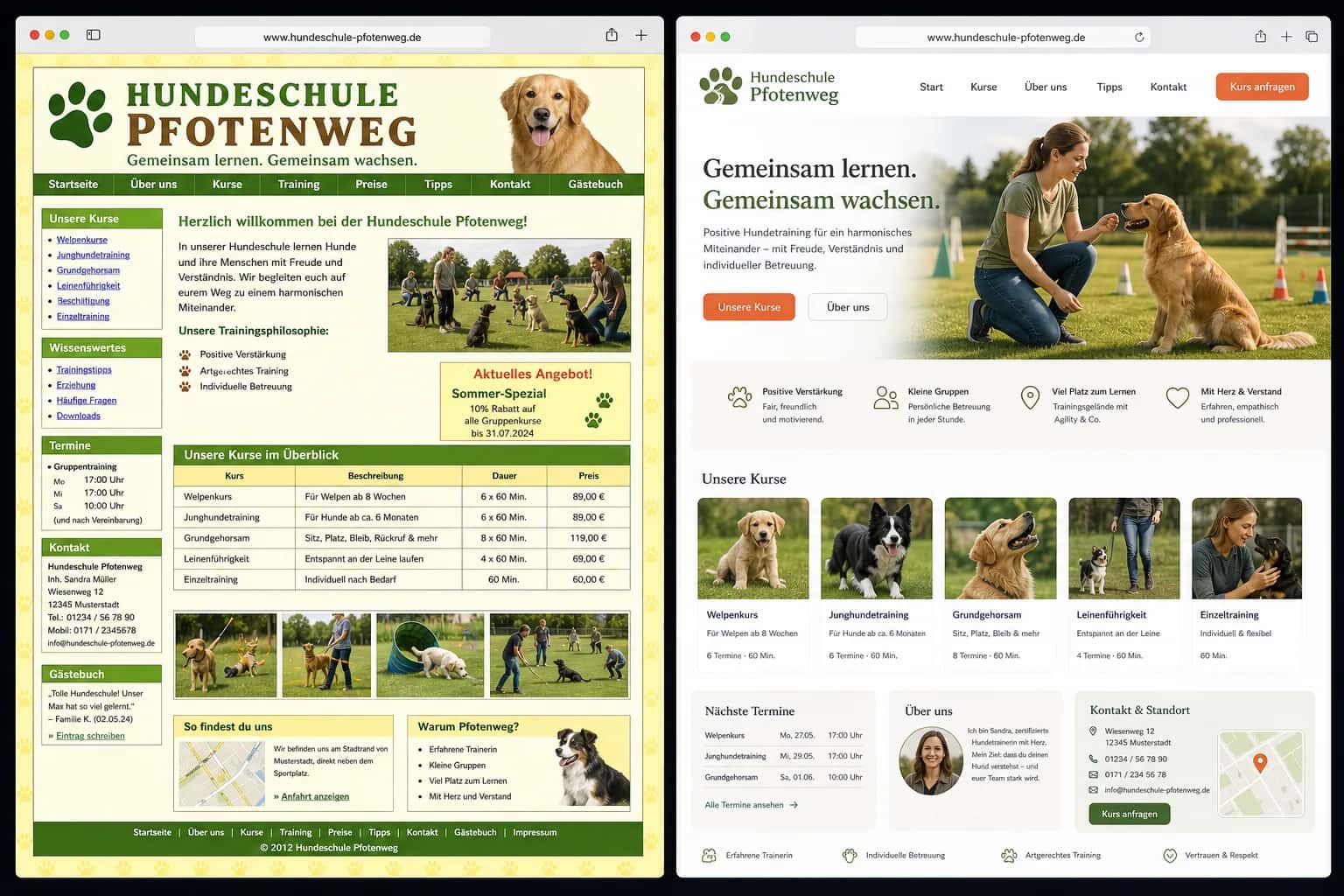 Fiktive komplette Vorher-Nachher-Konzeptansicht für Hundeschule Pfotenweg