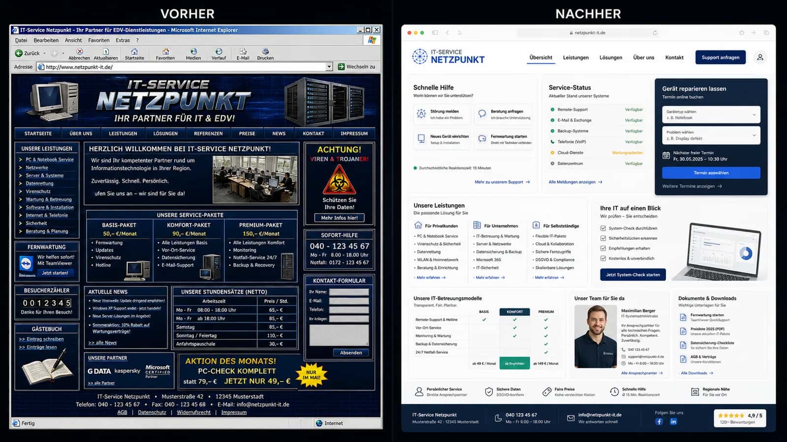 Fiktive komplette Vorher-Nachher-Konzeptansicht für IT-Service Netzpunkt