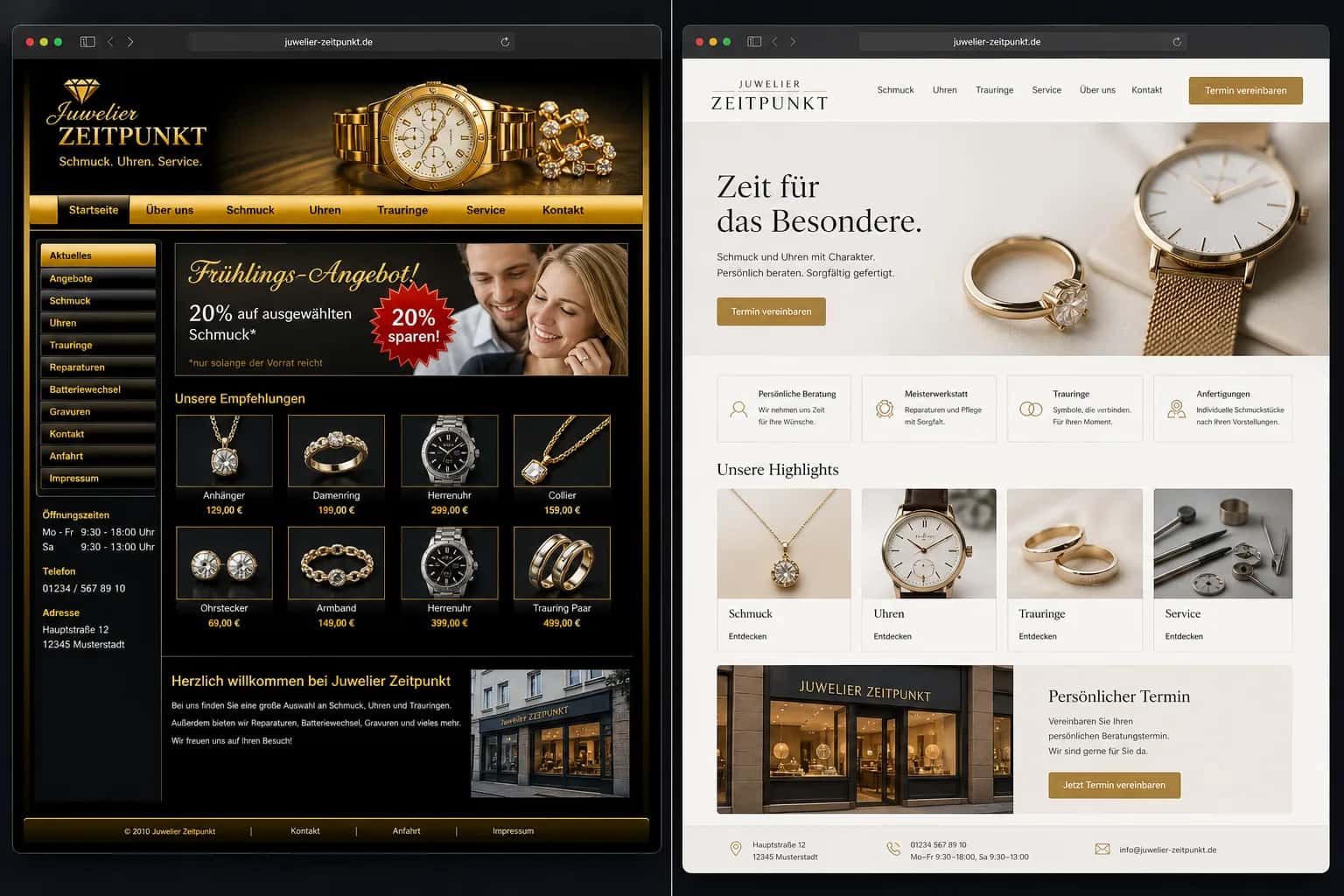 Fiktive komplette Vorher-Nachher-Konzeptansicht für Juwelier Zeitpunkt