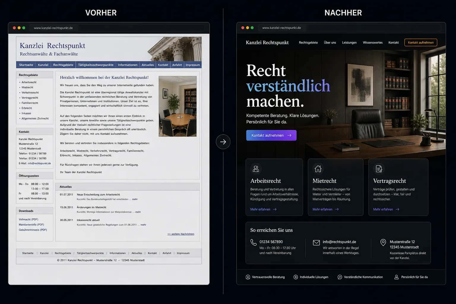 Fiktive komplette Vorher-Nachher-Konzeptansicht für Kanzlei Rechtspunkt