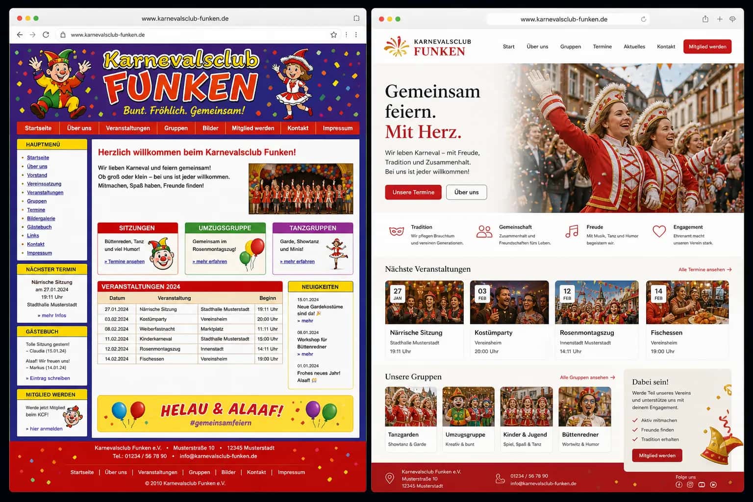 Fiktive komplette Vorher-Nachher-Konzeptansicht für Karnevalsclub Funken