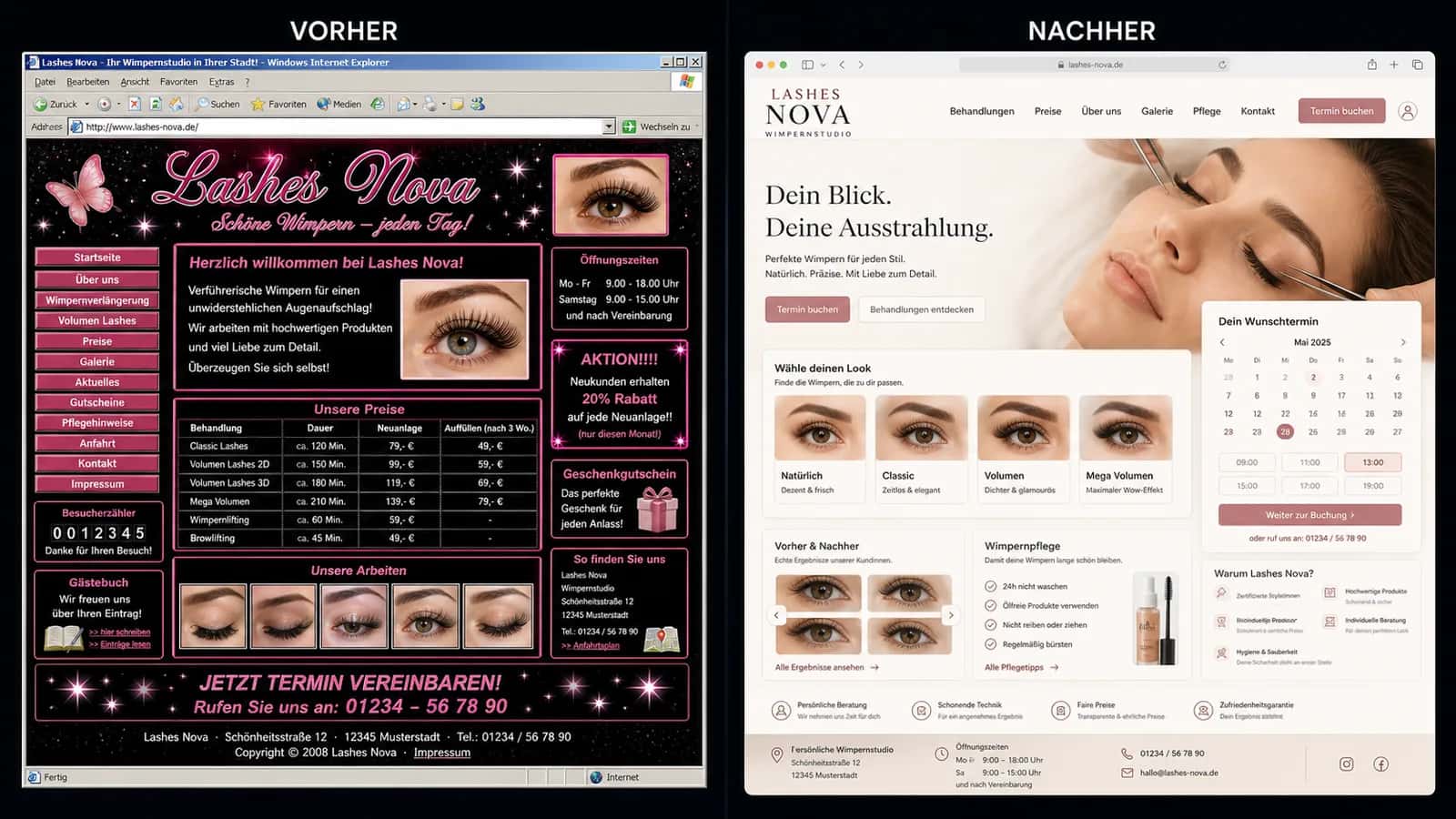 Fiktive komplette Vorher-Nachher-Konzeptansicht für Lashes Nova