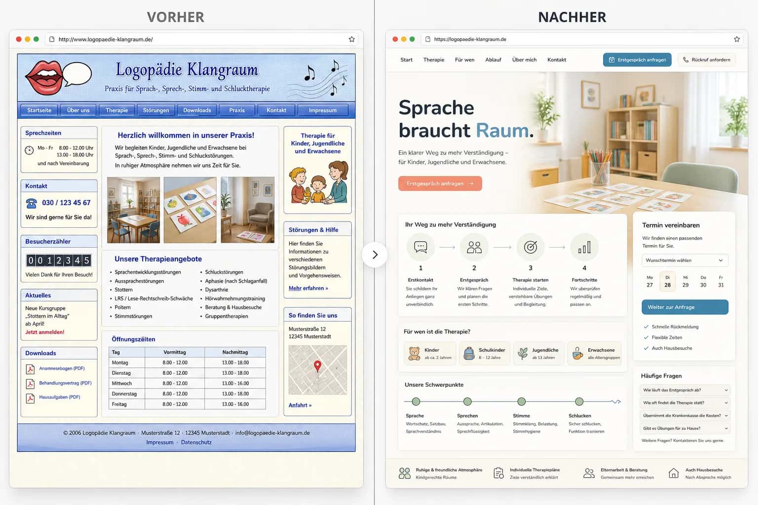 Fiktive komplette Vorher-Nachher-Konzeptansicht für Logopädie Klangraum