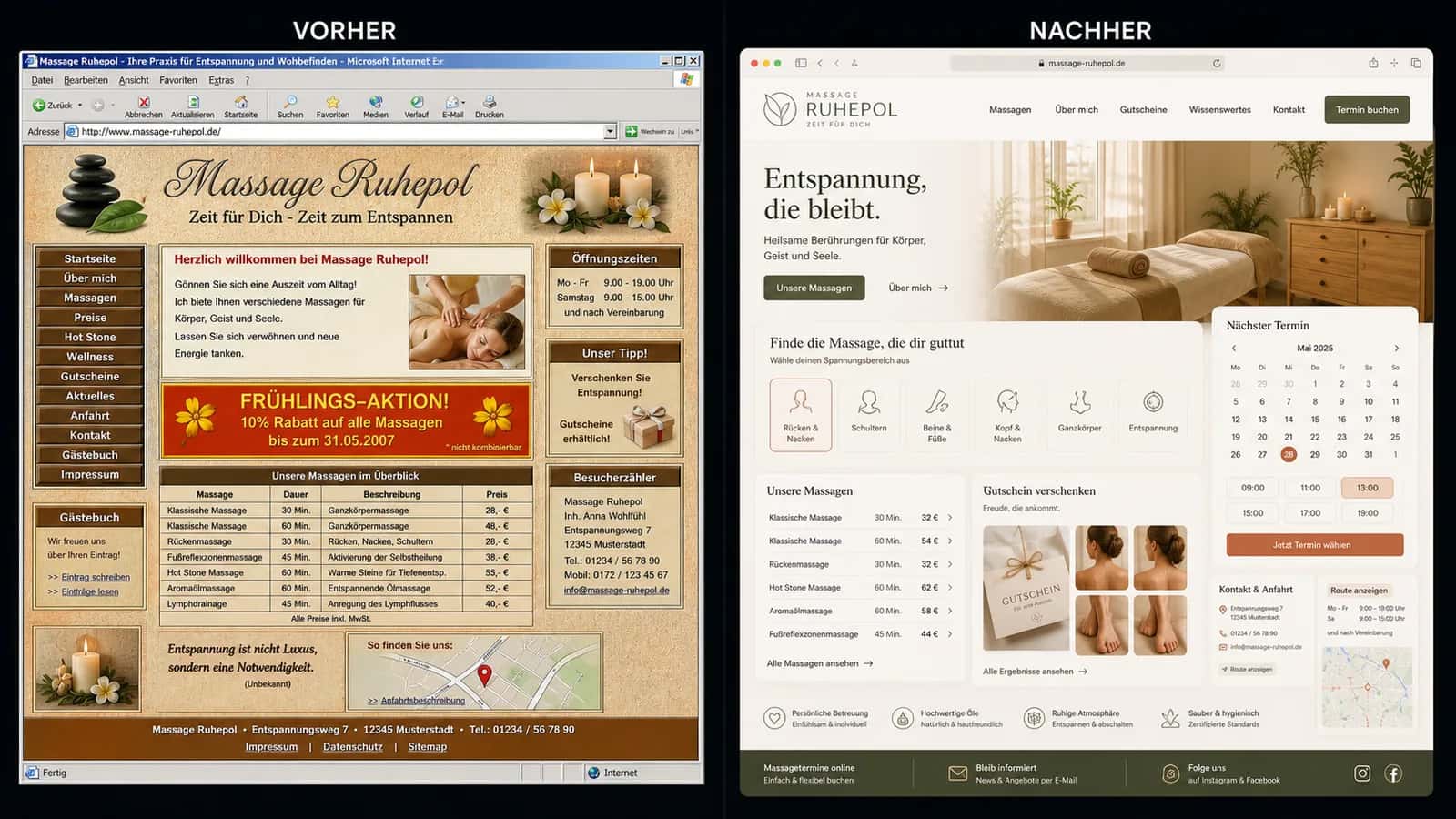 Fiktive komplette Vorher-Nachher-Konzeptansicht für Massage Ruhepol