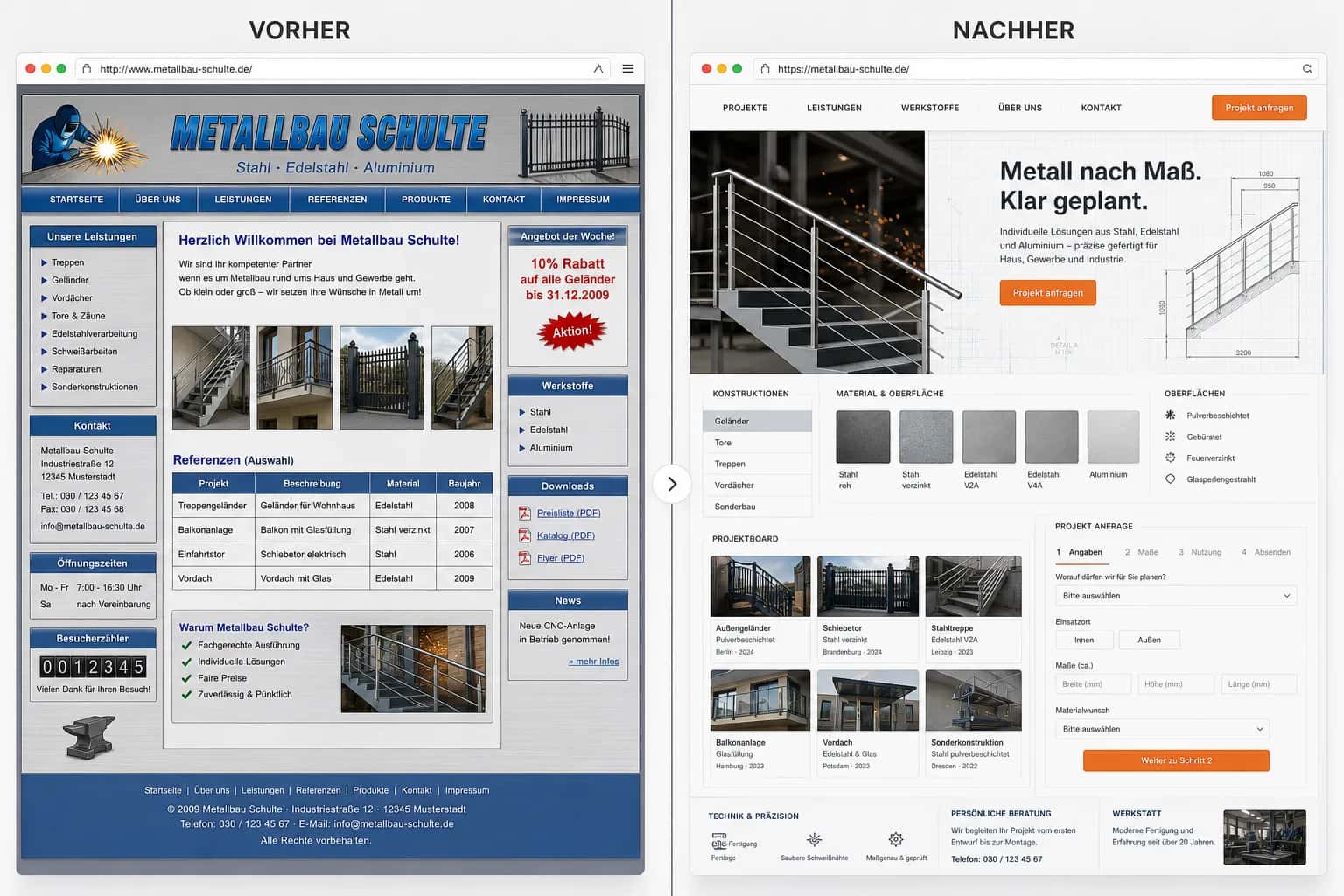 Fiktive komplette Vorher-Nachher-Konzeptansicht für Metallbau Schulte