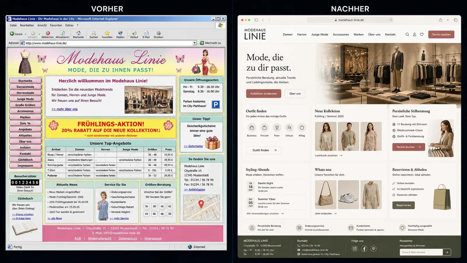 Fiktive komplette Vorher-Nachher-Konzeptansicht für Modehaus Linie